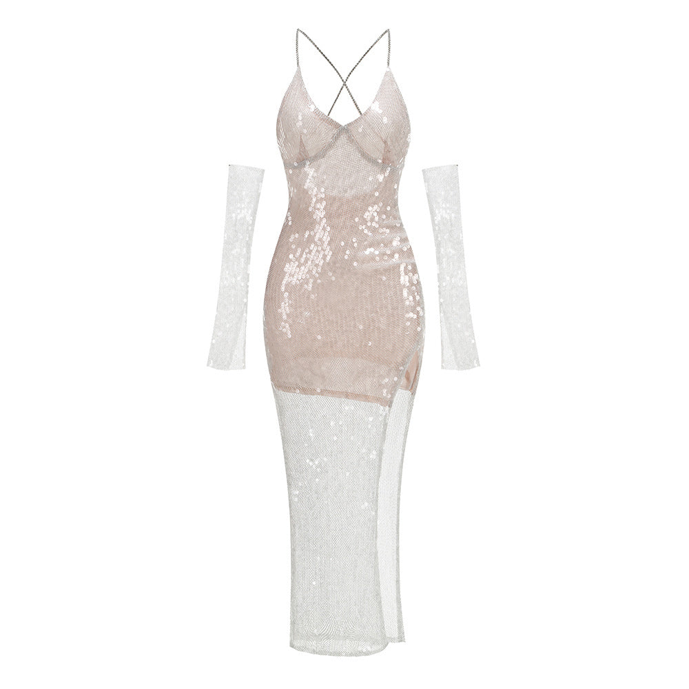 Handmade Sequin Chain Semi Sheer Midi Dress