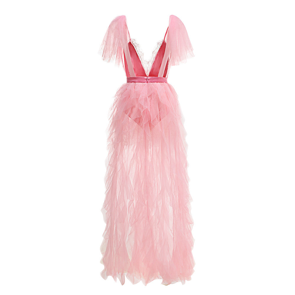 Pink Doll Lace Ruffle Maxi Dress