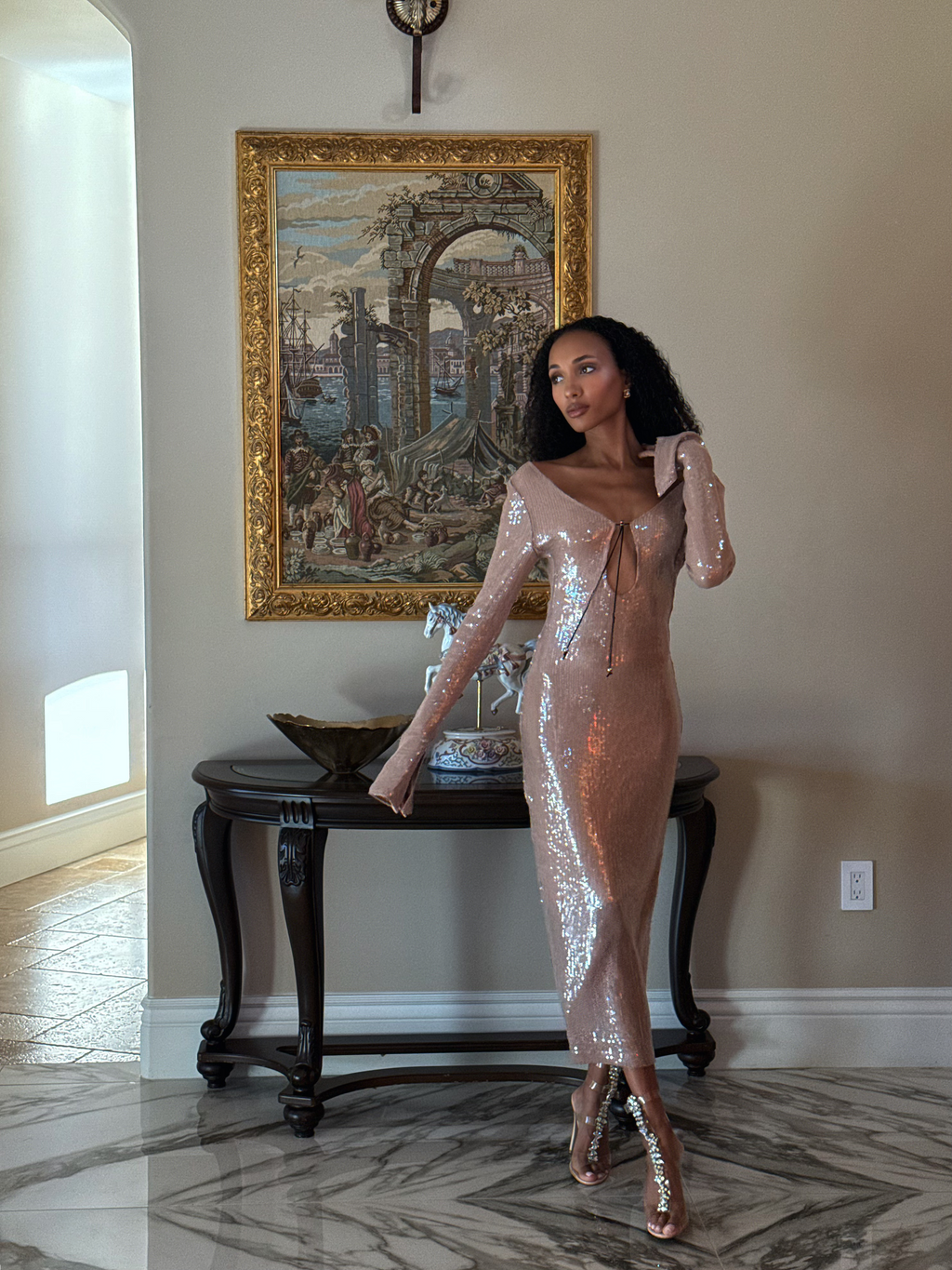 Solaria Long Sleeve Smoke Sequin Backless Maxi Dress