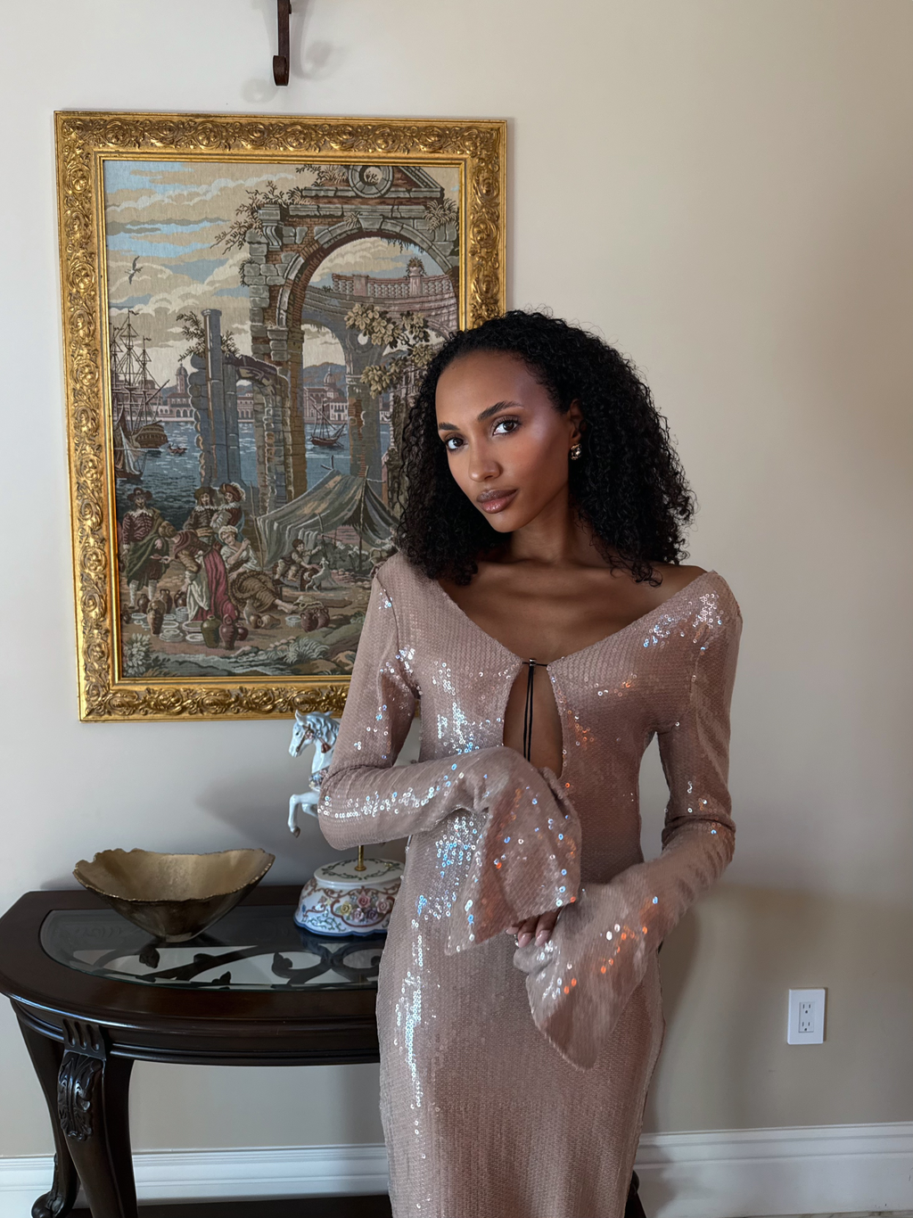 Solaria Long Sleeve Smoke Sequin Backless Maxi Dress