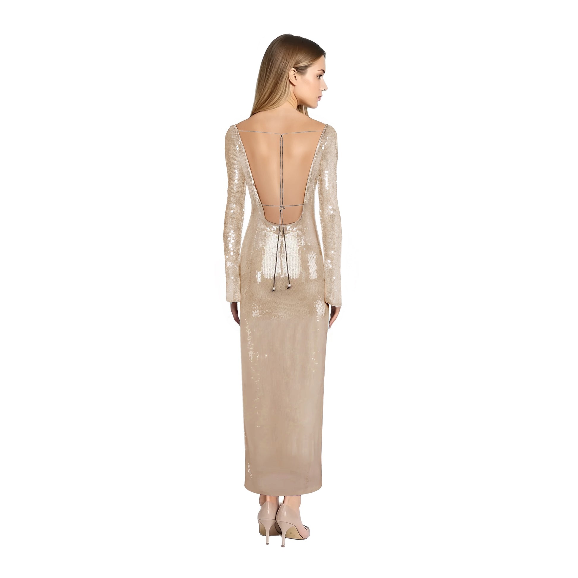 Solaria Long Sleeve Smoke Sequin Backless Maxi Dress