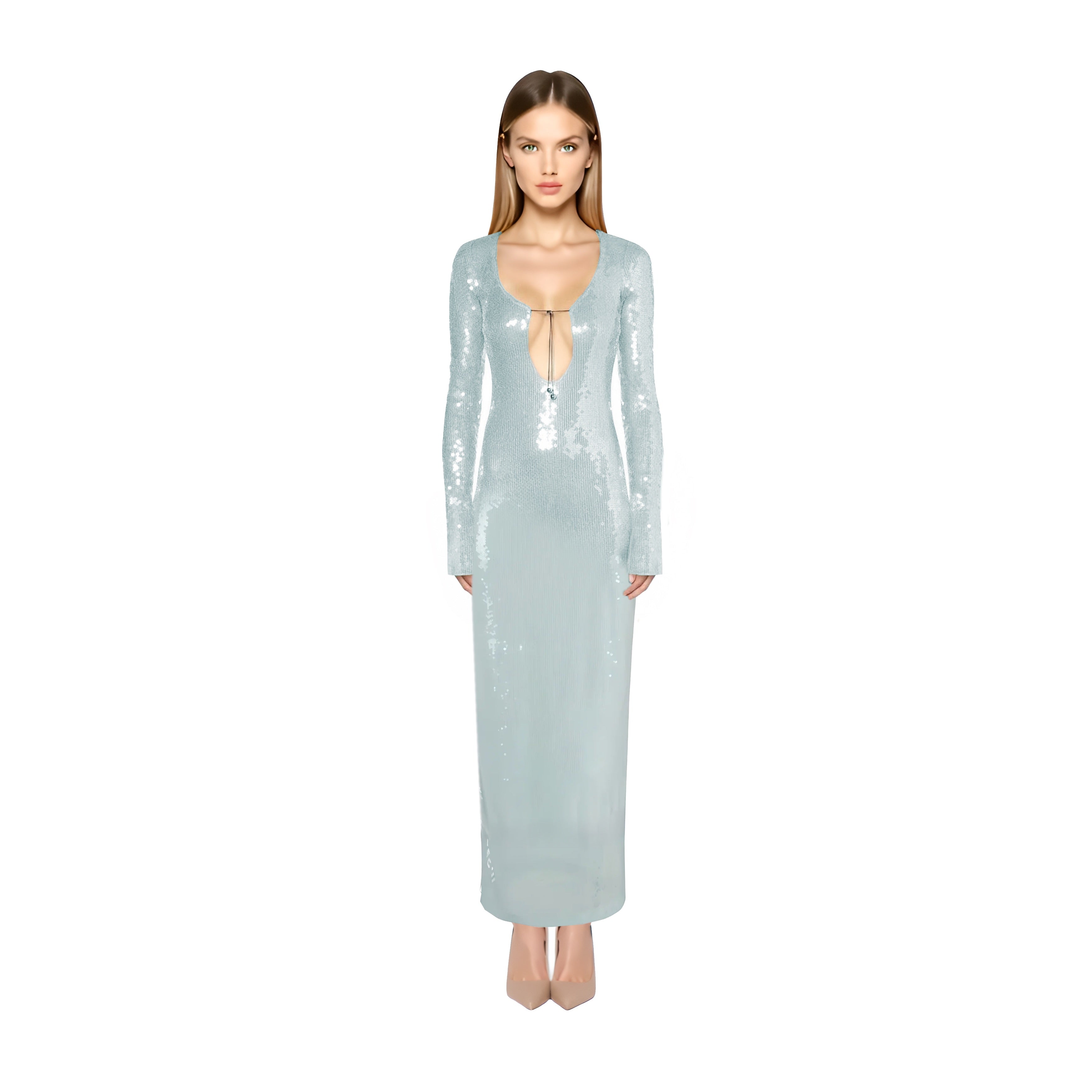 Solaria Long Sleeve Backless Ice Sequin Maxi Dress