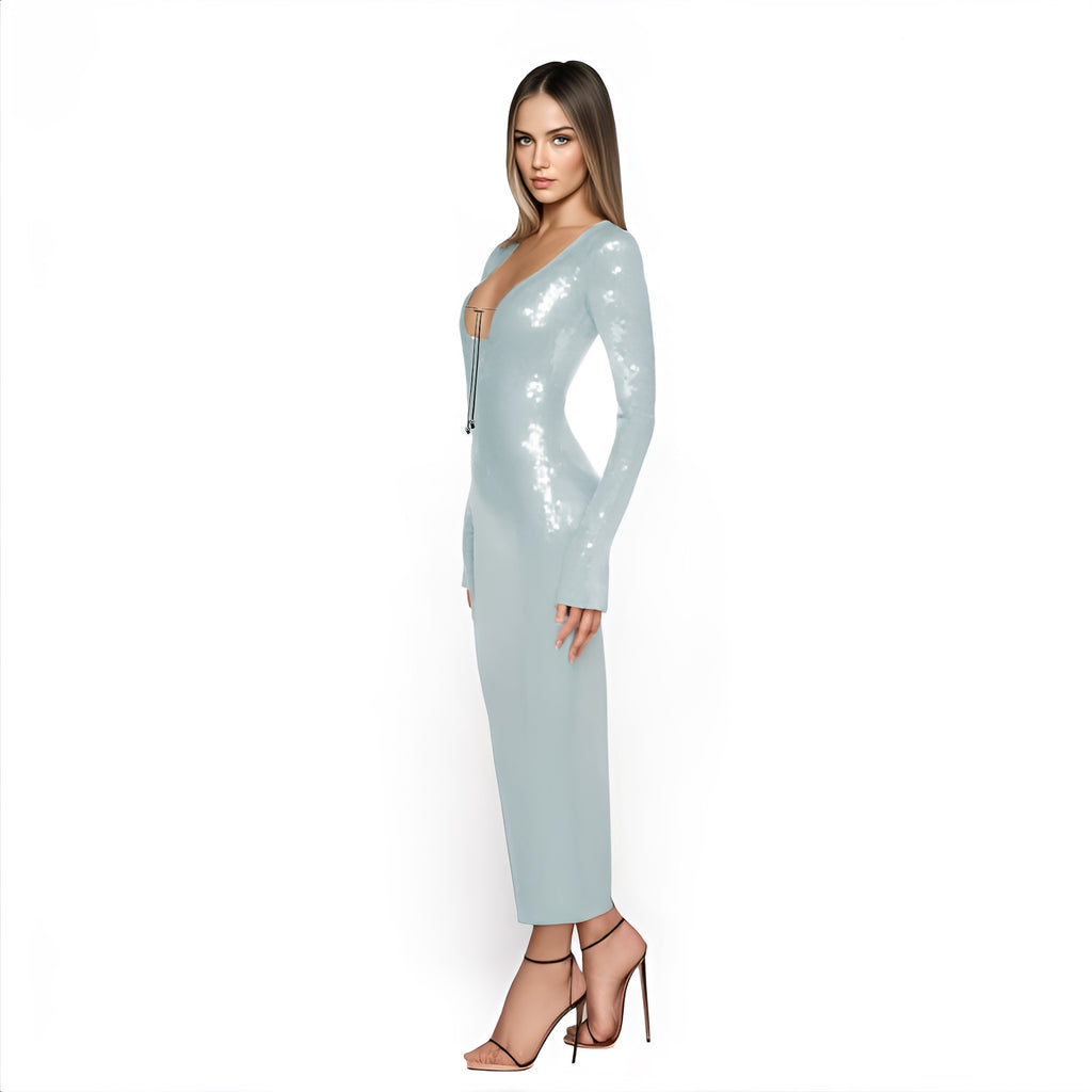 Solaria Long Sleeve Backless Ice Sequin Maxi Dress