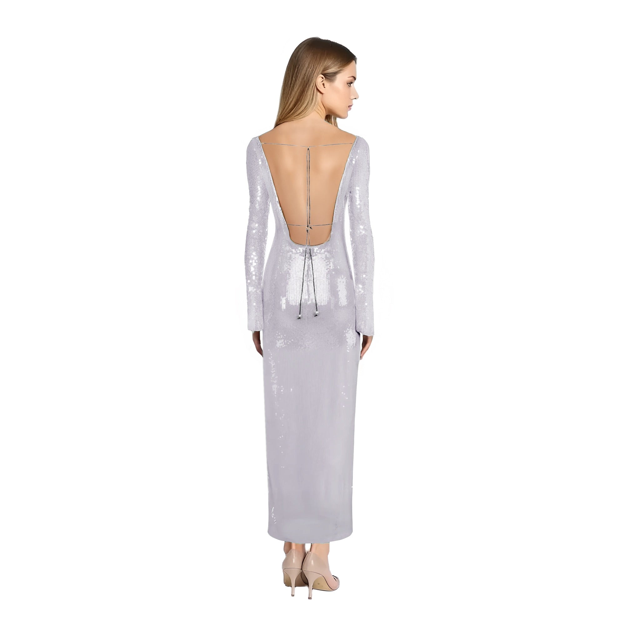 Solaria Long Sleeve Ice Lavender Sequin Backless Maxi Dress