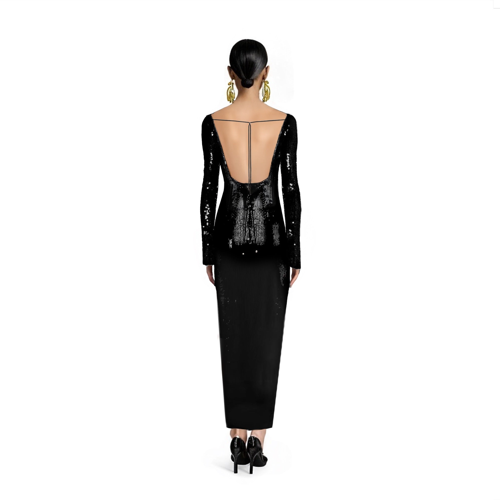 Solaria Long Sleeve Black Sequin Backless Maxi Dress