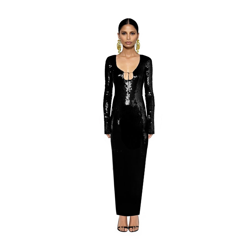 Solaria Long Sleeve Black Sequin Maxi Dress
