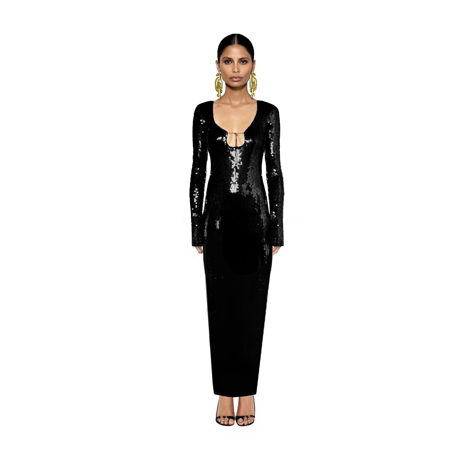 Solaria Long Sleeve Black Sequin Backless Maxi Dress